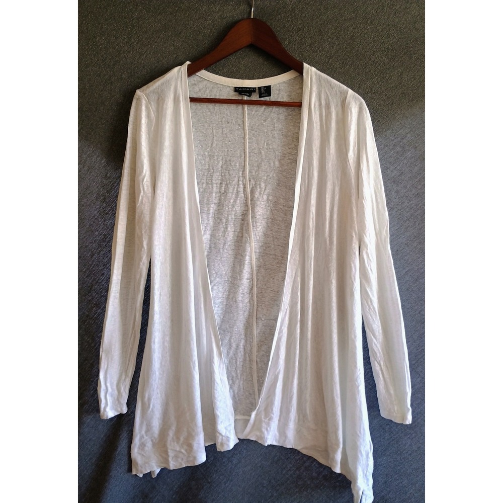 Tahari Womens White 100% Linen Open Front Cardigan Lightweight Long Sleeve L